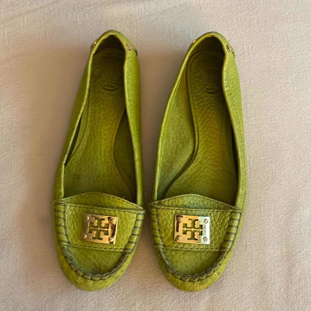 Tory Burch lime green leather loafers